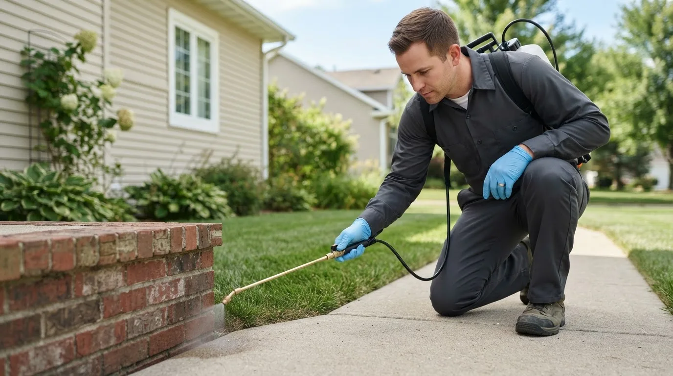 Pest control technician treating a home near Sextonville, WI