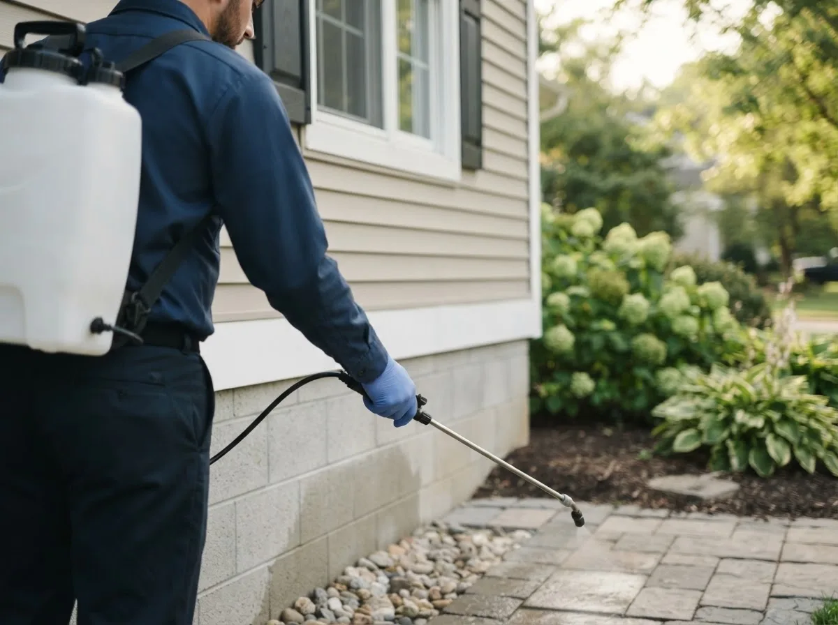 Pest control technician inspecting a home in Sextonville, WI